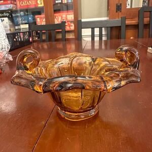 Vintage Amber Glass Double Handle Candy Dish